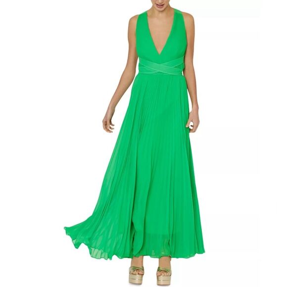 MILLY Oria Pleated Sleeveless Cross Back Dress, Kelly Green, NWT, Size 6 - Picture 4 of 16